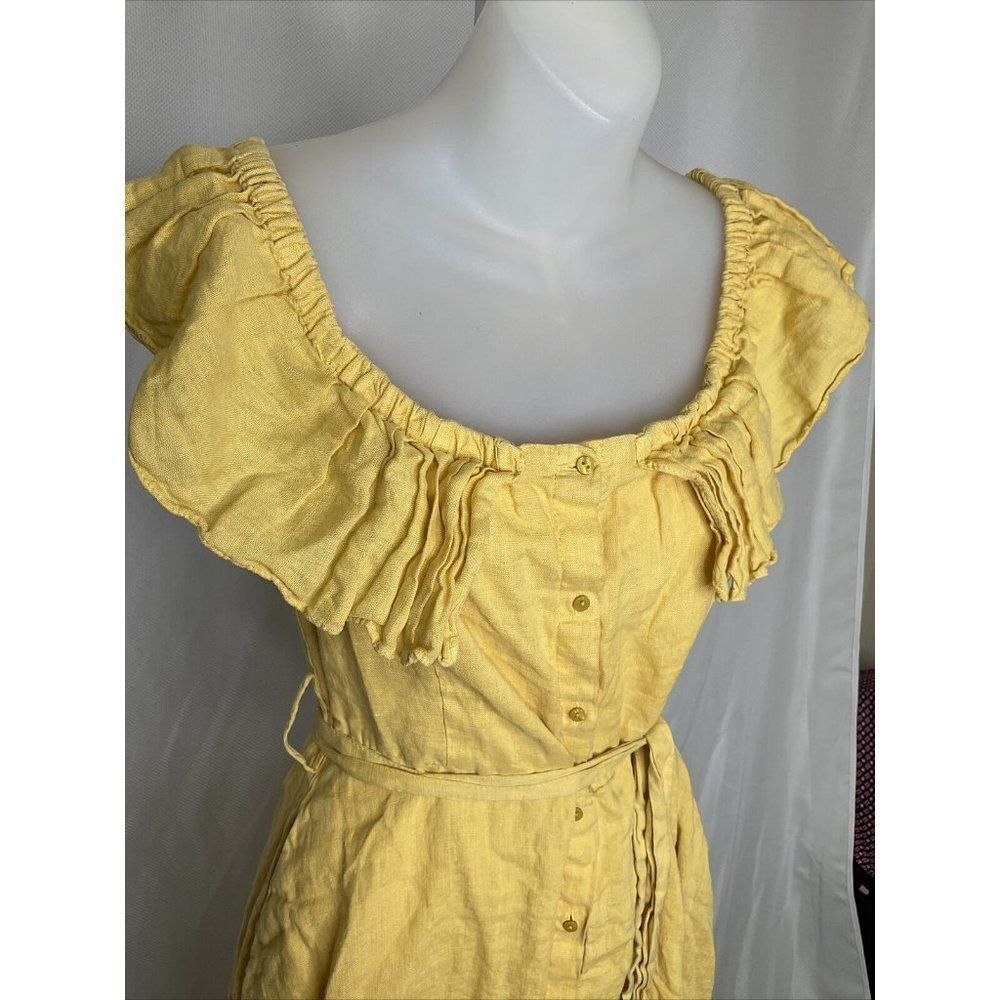 Zara Large Boho Off Shoulder Knee Length Yellow Linen Dress Date Night Romantic - Picture 1 of 8